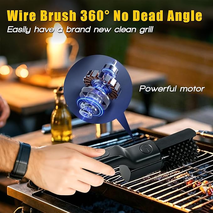 Electric Grill Brush, Cordless Rechargeable BBQ Cleaning Brush, 180° Adjustable Power Scrubber, 2-Speed Waterproof Grill Cleaner with Replaceable Brush Heads for BBQ Grates & Outdoor Cooking