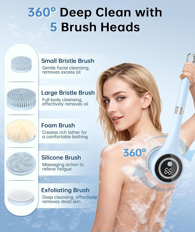 Electric Body Brush Back Scrubber for Shower, Waterproof Rechargeable Auto Bath Brush with Long Handle, 5 Replaceable Heads & 3 Speeds, Deep Cleansing Exfoliating Massage Spin Scrubber for Men & Women