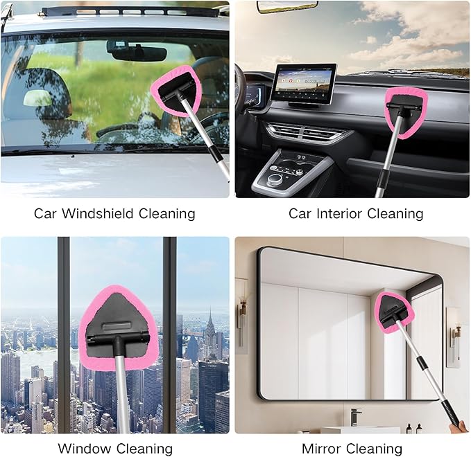 Qydipclin 7pcs Windshield Cleaner Tool Car Window Cleaning Wash Kit with 4 Reusable Microfiber Pads 1 Spray Bottle and Extendable Handle Auto Glass Wiper Kit, Pink