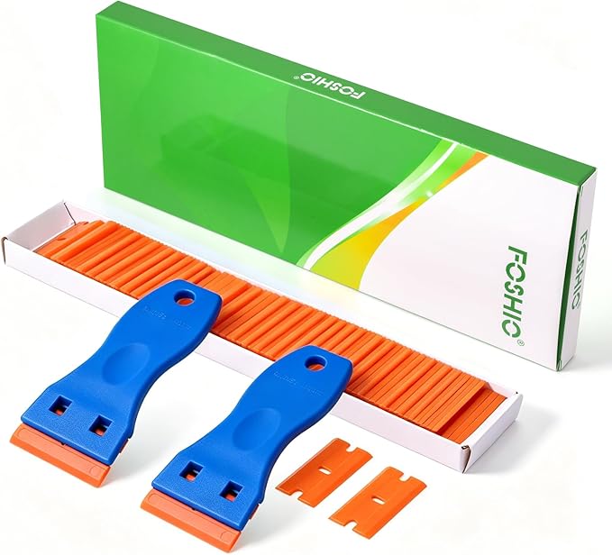 FOSHIO Plastic Razor Blade Scraper Include 2PCS Scraper Tool and 100PCS Blades for Gasket Remover, Labels Decal and Adhesive Remover for Windows and Glass