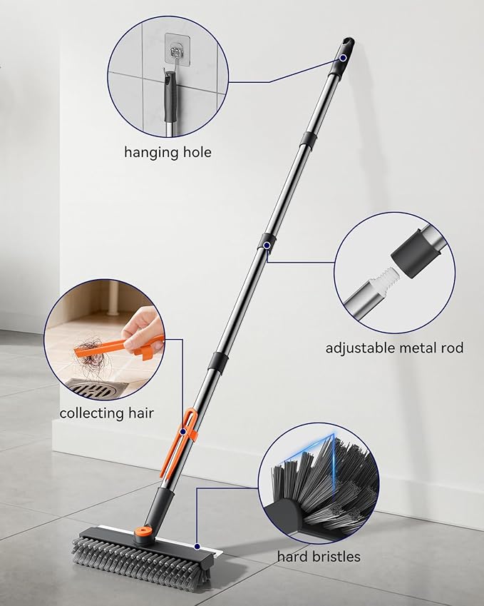 Small Floor Scrub Brush with Length Adjustable Long Handle, 3 in 1 Heavy-Duty Stiff Bristle Scrubber Brush with Squeegee and Tweezer for Cleaning Bathroom, Tile, Deck, Patio, Garage and Kitchen