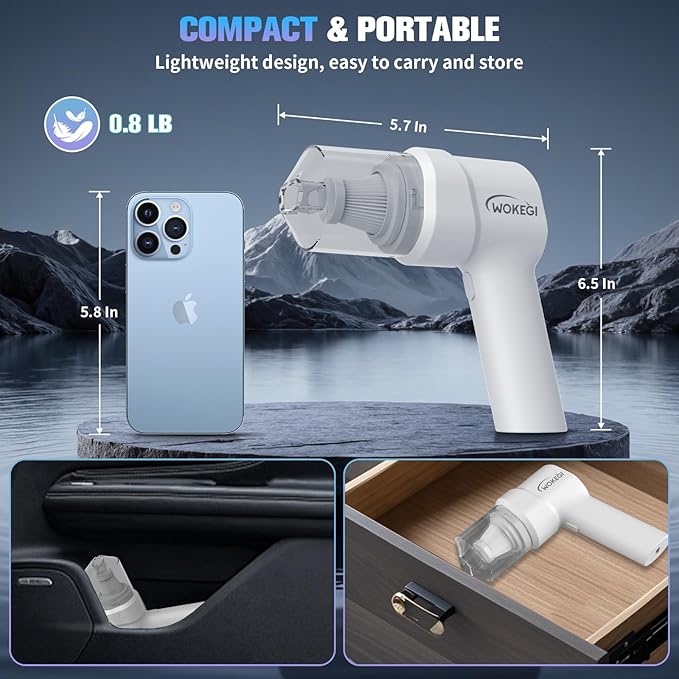 Handheld Mini Car Vacuum, 10000PA Wireless Portable Vacuum with 2000mAh Battery, 2 in 1 Vacuum Cleaner & Air Duster with Type-C Charging, Lightweight for Car, Home, Kitchen (White)
