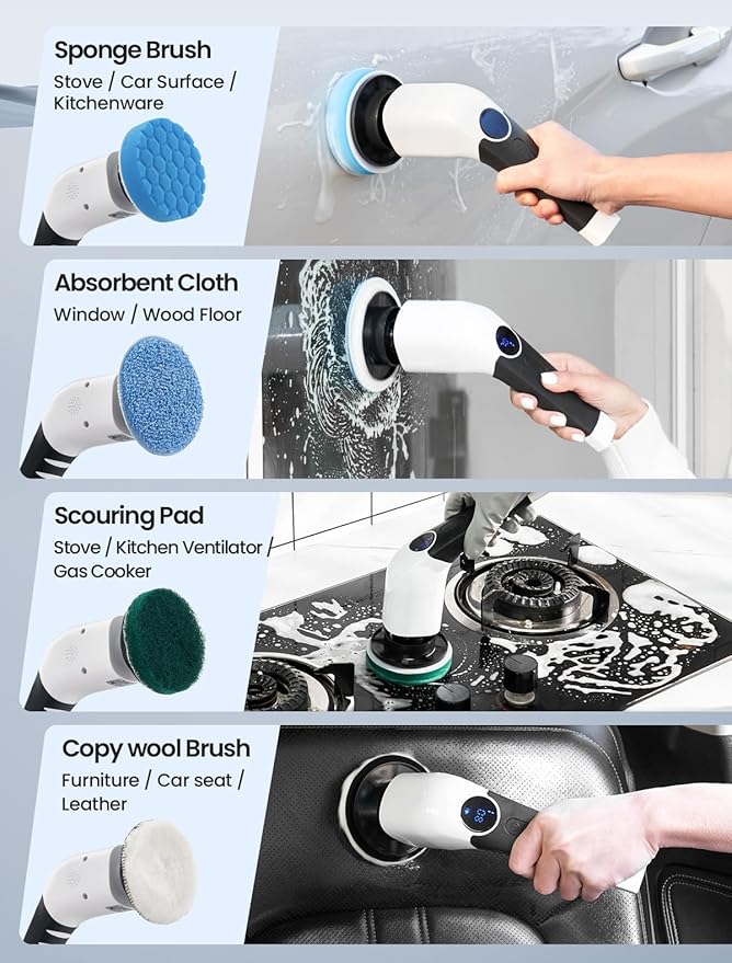 Keimi Electric Spin Scrubber, 2025 New Cordless Shower Cleaning Brush with 8 Replaceable Brush Heads, 3 Adjustable Speeds, and Adjustable Extension Handle for Bathroom Floor Tile