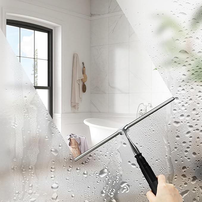 12-51’’ Telescopic Window Squeegee for High Windows, 2-in-1 Window Cleaning Kit with Extra Silicone Blade & Hook, Professional Squeegee for Shower Glass Doors (Window Squeegee Set)