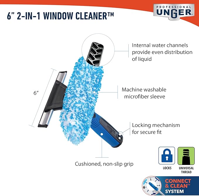 Unger Professional Connect and Clean 2-in-1 Squeegee and Scrubber, 6” Window Cleaning Tool, Commercial and Residential Use, Washer Cleaner Supplies to Remove Excess Water and Dry