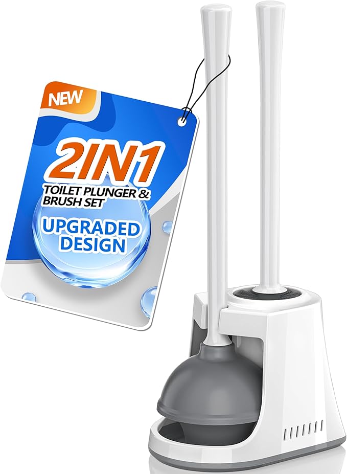 LOVLOY Toilet Plunger and Brush with Holder, Bowl Brush and Heavy Duty Toilet Plunger Set with Ventilated Holder, 2-in-1 Toilet Brush and Plunger Combo for 5.3-inch Toilet Drain New Pack (White, 1)
