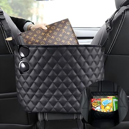 Car Net Pocket Handbag Holder，Purse Holder for Between Seats，Leather Seat Back Organizer Mesh Large Capacity Bag，Handbag