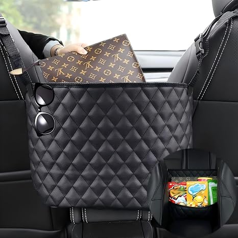 Car Net Pocket Handbag Holder，Purse Holder for Between Seats，Leather Seat Back Organizer Mesh Large Capacity Bag，Handbag