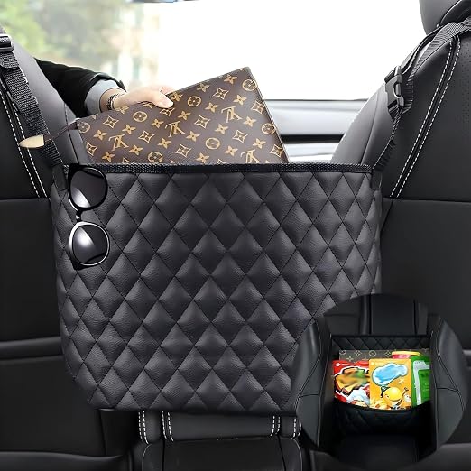 Car Net Pocket Handbag Holder，Purse Holder for Between Seats，Leather Seat Back Organizer Mesh Large Capacity Bag，Handbag