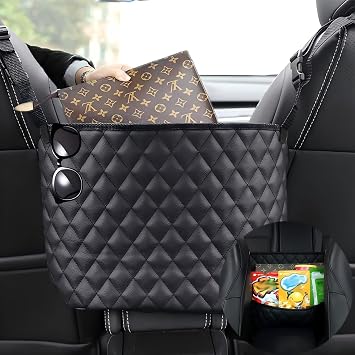 Car Net Pocket Handbag Holder，Purse Holder for Between Seats，Leather Seat Back Organizer Mesh Large Capacity Bag，Handbag