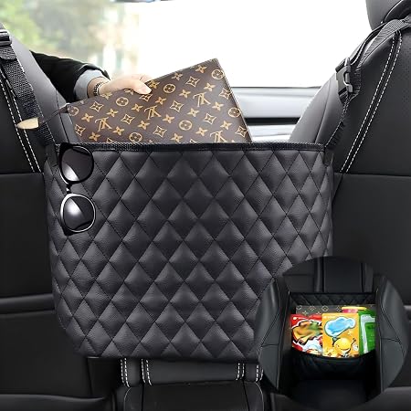 Car Net Pocket Handbag Holder，Purse Holder for Between Seats，Leather Seat Back Organizer Mesh Large Capacity Bag，Handbag