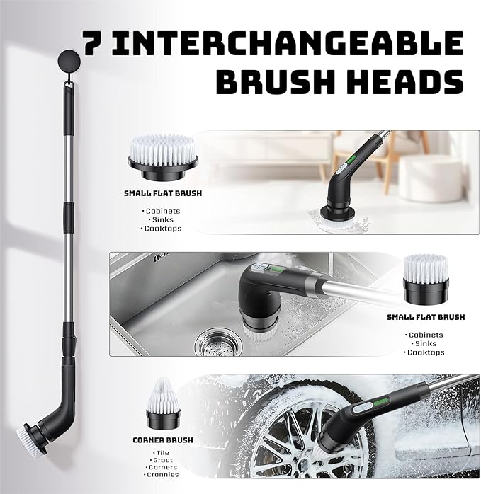 Highyes Electric Spin Scrubber, Powerful 2-Speed Cleaning Brush, IPX7 Waterproof with 7 Reusable Brush Heads & Extendable Handle, for Bathroom Toilet Shower Kitchen Wall Tile Floor Grout (Black)