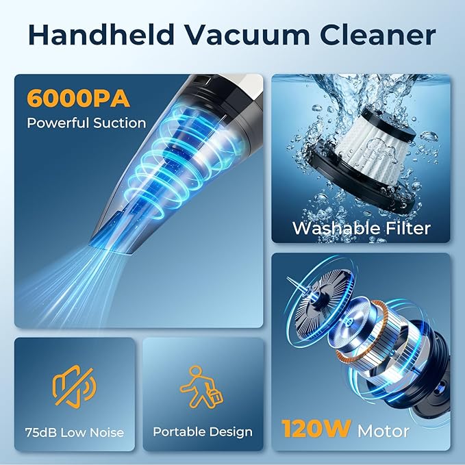 ezly Hand Held Car Vacuum Cleaner 6000PA Powerful Suction, Portable Mini Car Vacuum Cleaner, Handheld Vacuum with Washable Filter for Car/Office/Home, Pet Hair, Corded 13.12FT