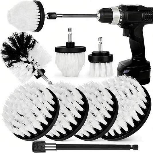 8 Pack Drill Brush Attachment Set,1/4in Power Scrubber Brush + Extend Long Rod, Power Cleaning Scrub Brush for Bathroom, Tub, Tile, Floor, Grout, Boat(White)