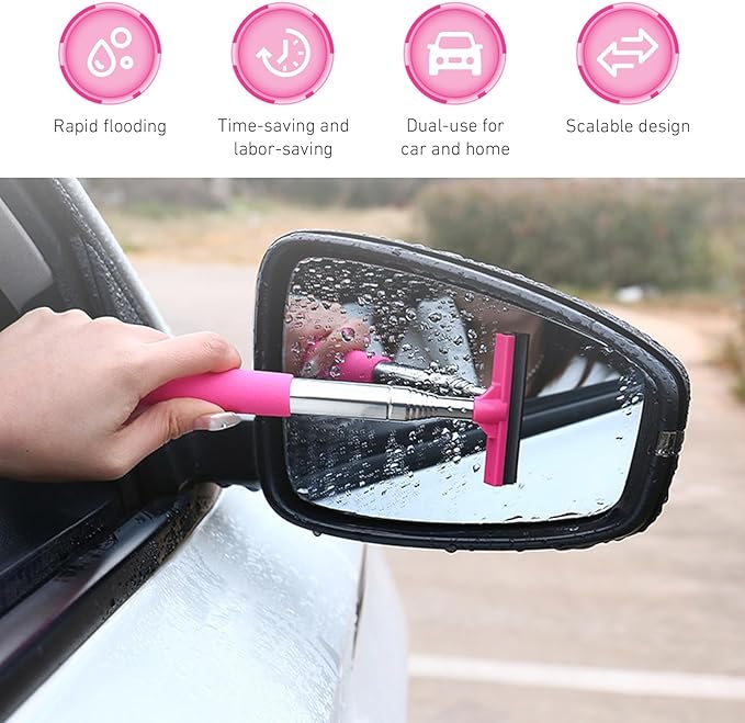 CouTun Car Side Mirror Squeegee, Retractable Car Rearview Mirror Wiper, 38.6in Long Handle Auto Glass Cleaning Tool, Multi-Functional Portable Side Mirror Wiper (Pink)