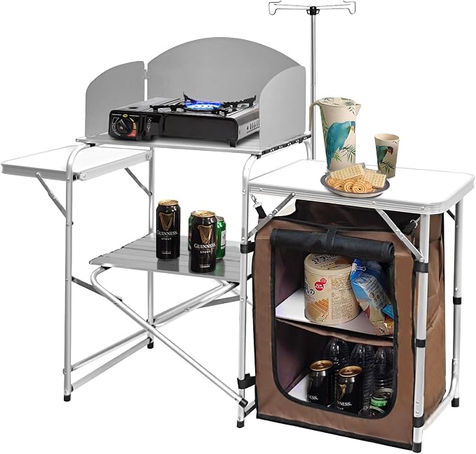 CampLand Folding Camping Kitchen Table with Windscreen,Portable Outdoor Cooking Station with Storage Cabinet & Side Tabl