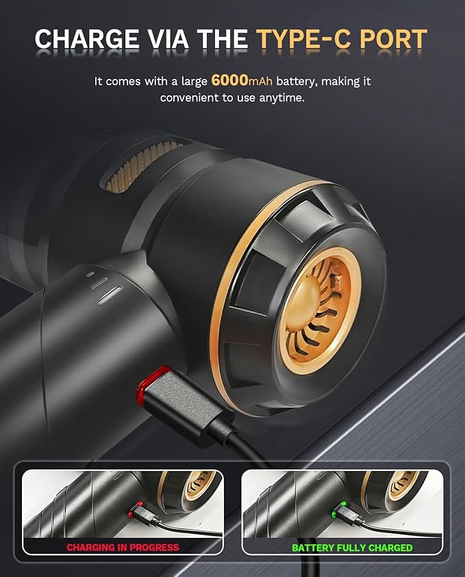 Foldable Cordless Handheld Car Vacuum Cleaner, 15000PA High Power 2-in-1 Mini Vacuum Duster & Inflator, with 3-Speed Brushless Motor for Car Care, Home, Office, Pet