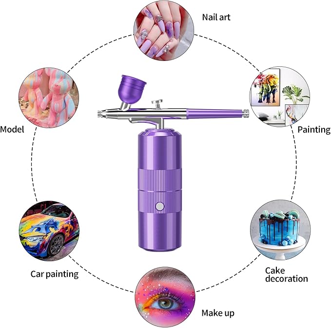 Airbrush Kit with Compressor Portable Airbrush Kit 48PSI High-Pressure Non-Clogging Air Brush Set Cordless Rechargeable with 0.3mm Nozzle and Cleaning Brush for Painting,Nail Art, Makeup (Purple)