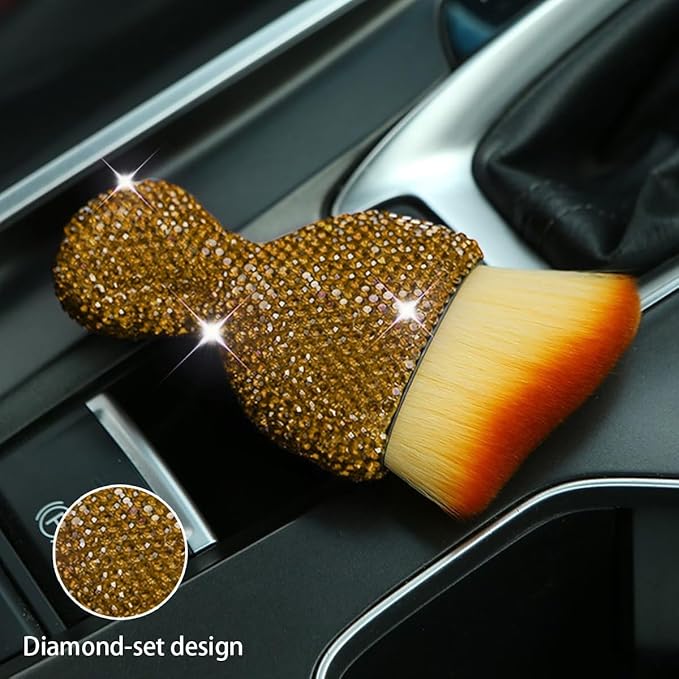 zipelo Auto Interior Dust Brush, Car Detailing Cleaning Brush with Diamond, Bling Handle Soft Bristles Dusting Tool, Scratch Free Dirt Clean Brushes for Vehicle Air Conditioner Vent (Light Brown)