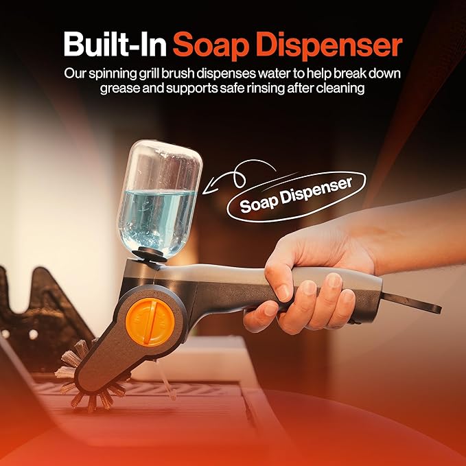 Electric Grill Brush Cordless Rechargeable with Soap Dispenser, Automatic Outdoor BBQ Electric Grill Cleaner Brush Including Interchangeable Stainless Steel Wire & Bristle Free Chain Brush