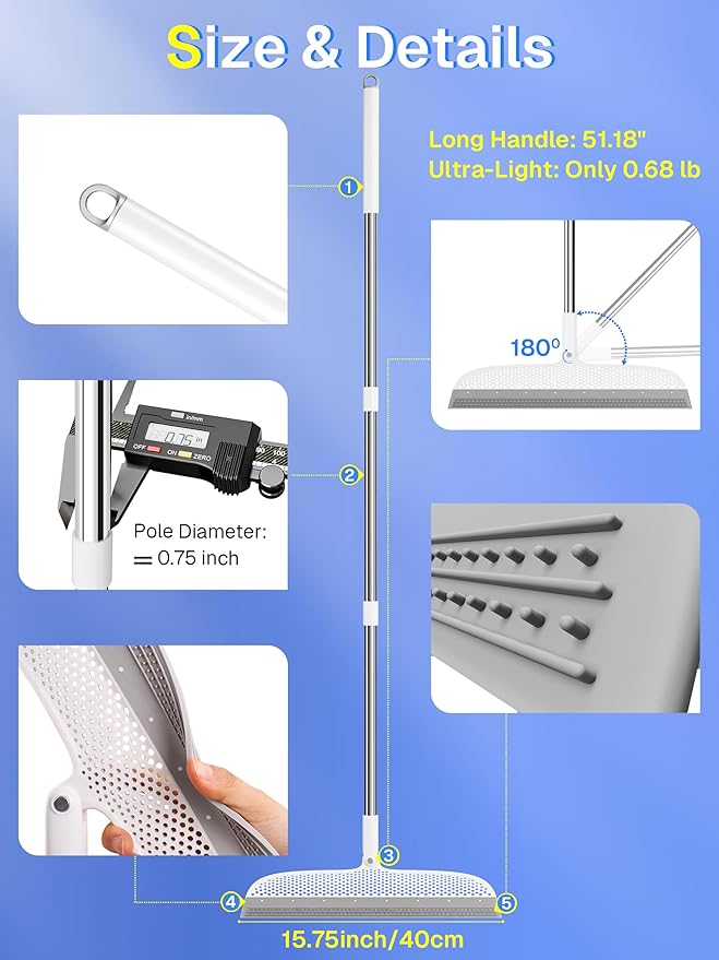 Silicone Floor Squeegee, 180° Rotating Air Broom, Squeegee for Floor with a Long Handle, Magic Broom for Water and Pet Hair Removal on Bathroom Floors, Tile, Deck and Glass, Indoor Cleaning Tool