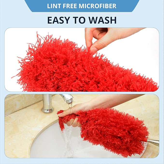 ZZ LAZYCOTTAGE Microfiber Duster with Extension Pole,Washable Bendable Head Ceiling Fan Duster,15-100 inch (Red)