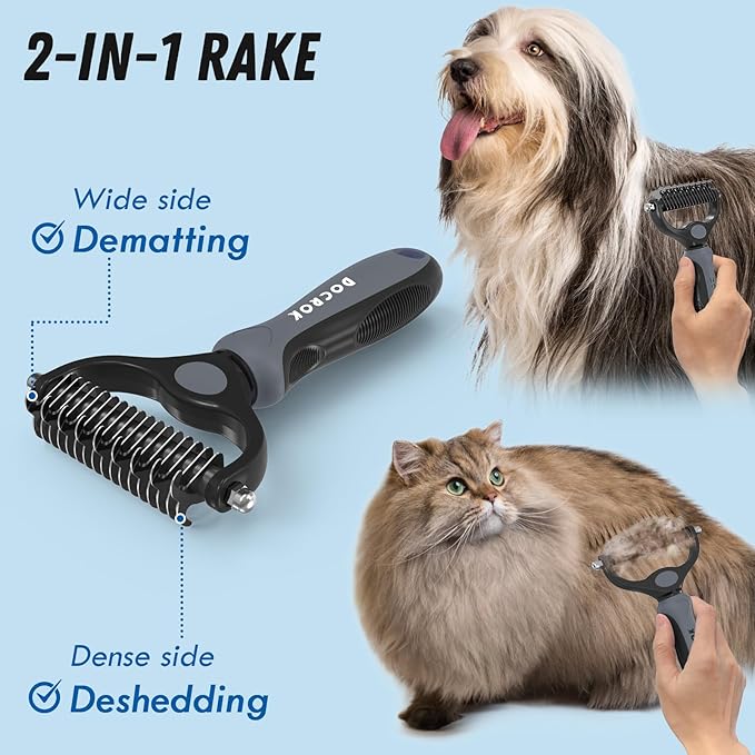 Docrok Pet Grooming Brush and Metal Comb Combo, Cat Brush Dog Brush for Shedding, Undercoat Rake for Dogs Grooming, Dematting Deshedding Brush Dogs Shedding Tool for Long matted Haired Pets, Gray