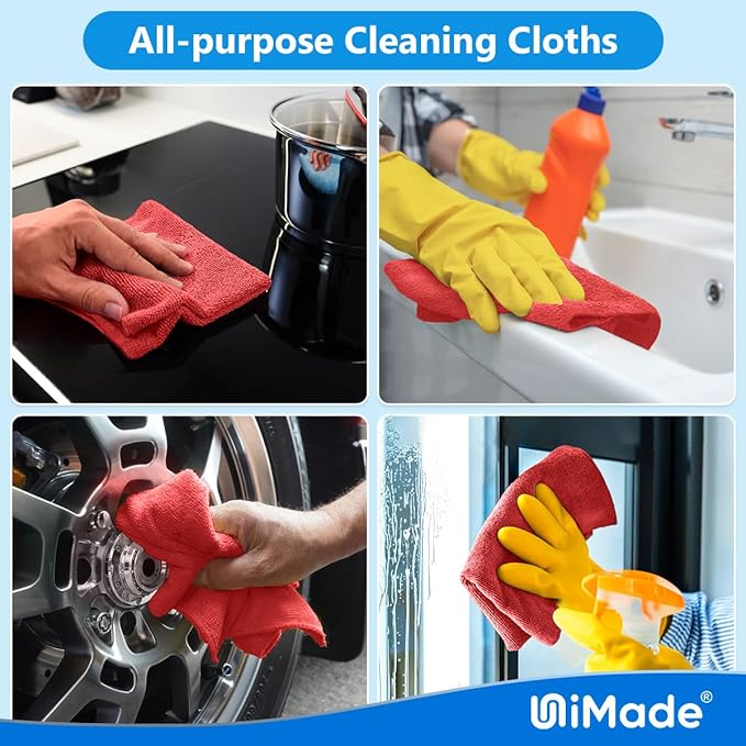 UNIMADE Shop Towels Rags, 50 Pack Reusable Shop Rags Bulk Microfiber Cleaning Cloth Lint Free Cleaning Towels for Car Kitchen Automotive Bar Mechanic Restaurant Garage, 11.5"x 11.5", Red