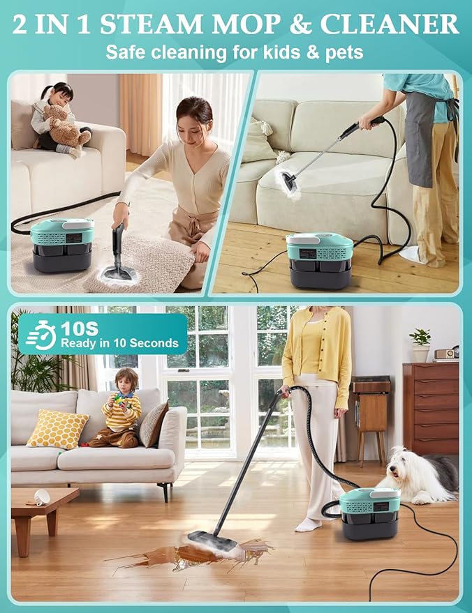 Steam Mop, 2500W High-Pressure Deep Cleaning Steam with 1.69QT Tank, 221°F & 3-Level Temp Steam Cleaner 10S Fast Heat-Up with19 Accessories for Floor, Car, Kitchen, Carpets, Window (MINT GREEN)