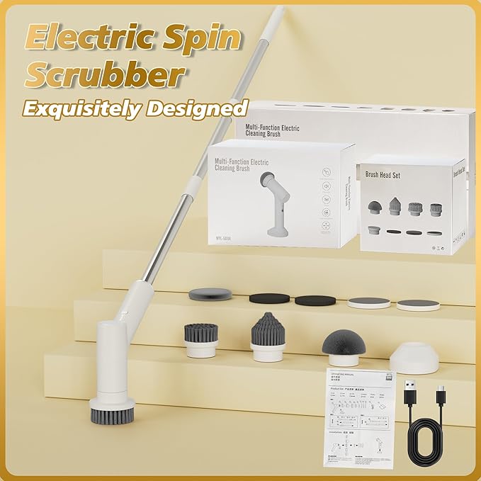 Electric Spin Scrubber, 2600mAh Battery with Extra-Long Runtime, 10 Brush Heads, IPX7 Waterproof Power Shower Scrubber with Long Handle, 2 Speeds Cordless Cleaning Brush for Bathroom Bathtub