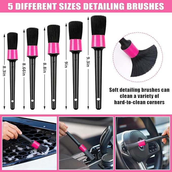 Windshield Cleaner Tool, 17Pcs Car Interior Detailing Kit, Detailing Brush, Towels, Duster, Car Cleaning Kit Interior for RVs, Truck, Trailer (Pink)