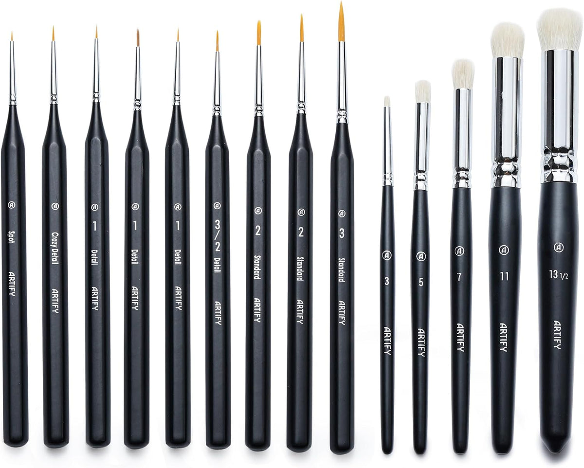 ARTIFY Miniature Drybrush Paint Brush Set: 14-Piece Round Small Detail Model Paintbrushes, Thin Mini Tiny Micro Paint Brushes for Miniature Painting