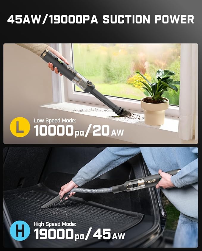 Fanttik Slim V10 APEX Cordless Car Vacuum, 4-in-1 Portable Mini Handheld Vac, 19kPa Suction Power, Upgraded Smart Digital Display, 2 Suction Modes for Small Jobs, Car, Office Desk, Keyboards (Gray)