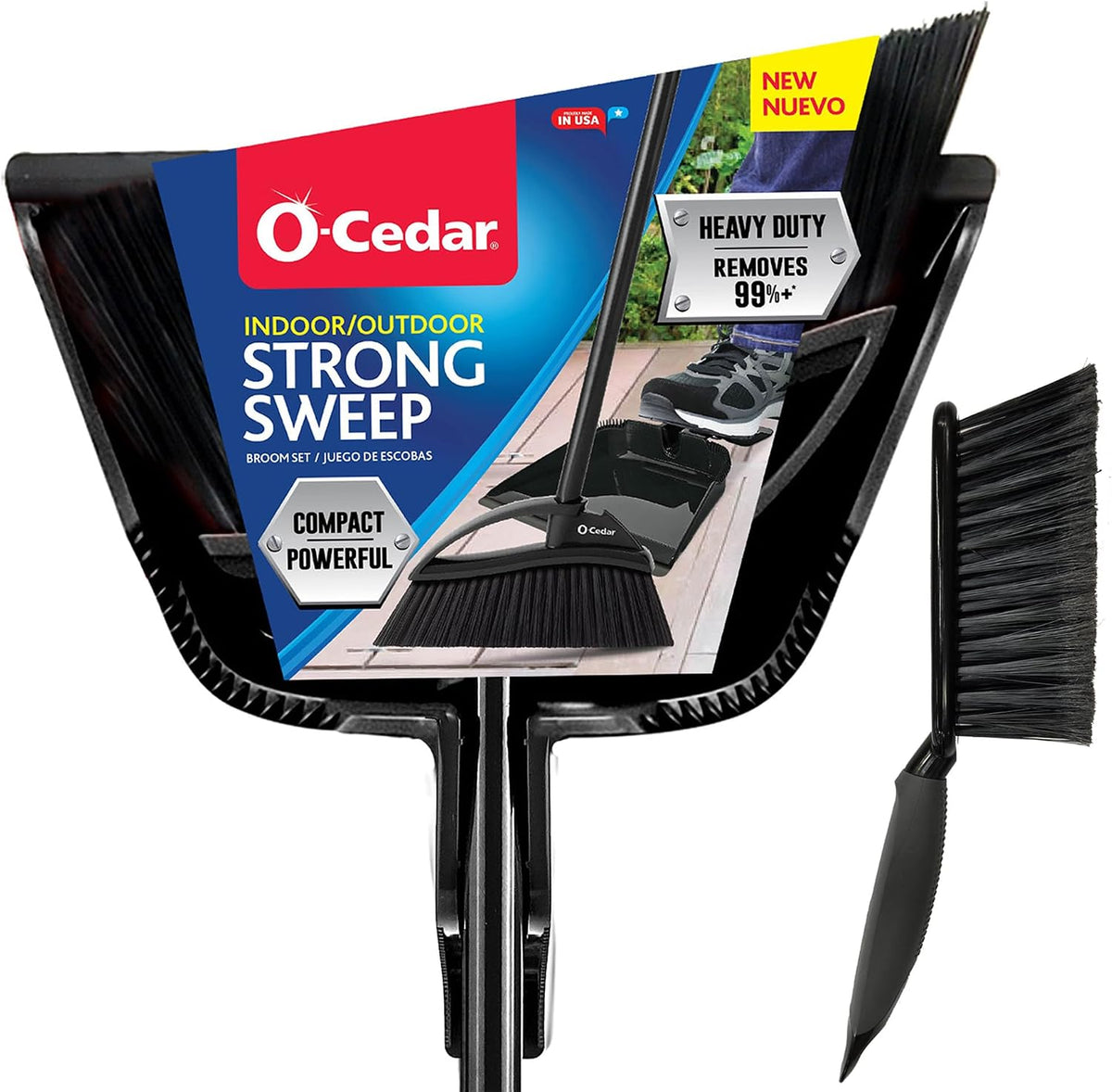 Strong Sweep Broom and Dustpan Set with Detail Brush | Indoor Outdoor Heavy Duty Stiff Bristle Broom | Step-On Dust Pan