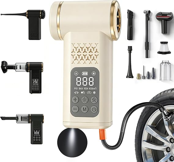 Car Tire Inflator- Vacuum Cleaner- Air Compressor 3-in-1 150PSI Air Pump Cordless Rechargeable USB Portable Battery Oper