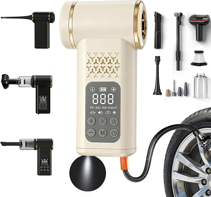 Car Tire Inflator- Vacuum Cleaner- Air Compressor 3-in-1 150PSI Air Pump Cordless Rechargeable USB Portable Battery Oper