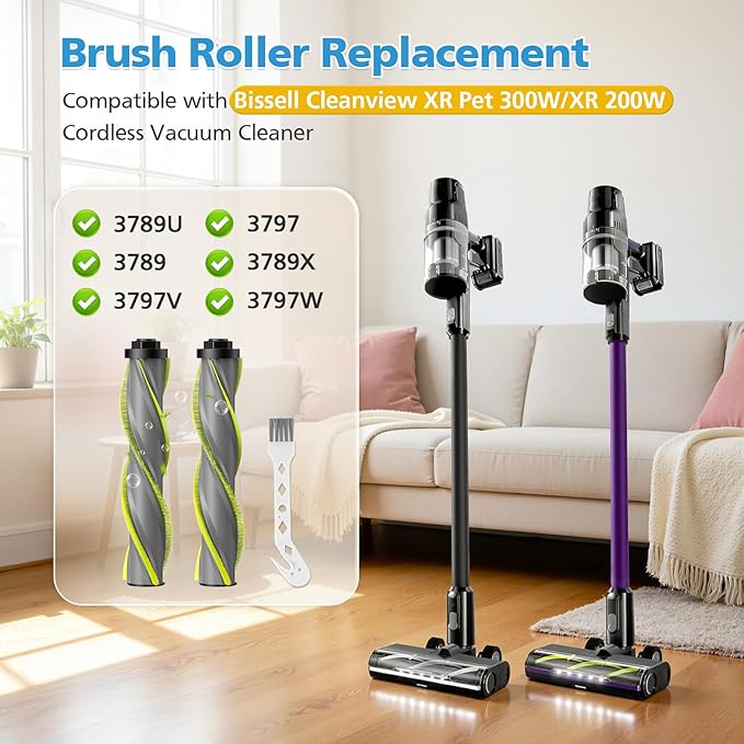 iSingo 3789X Brush Roll Replacement Compatible with Bissell Cleanview XR Pet 300W / XR 200W / Powerlifter Turbo Cordless Stick Vacuum, Model# 3797V, 3789U, 3789, 3789X, 3797, 3797W, 2 Pack, Green