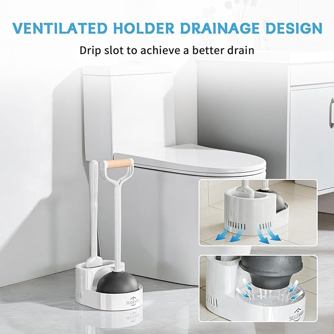 Sellemer 2 in 1 Toilet Brush and Plunger Set, Curved Design Head for Deep Clean, Heavy Duty Toilet Bowl Brush and Plunger Combo with Holder for Bathroom,White, 1 Pack