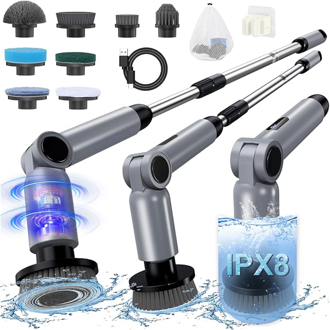 Electric Spin Scrubber, [IPX8 Waterproof ] [50KG Torque] Shower Scrubber with 9 Brush Heads, 2 Speed Mode, 4 Adjustable Angles, Electric Brush for Cleaning for Bathroom Floor Tile (Gray)