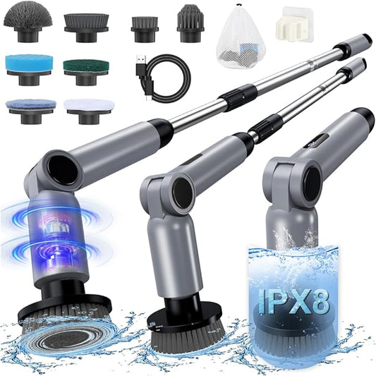 Electric Spin Scrubber, [IPX8 Waterproof ] [50KG Torque] Shower Scrubber with 9 Brush Heads, 2 Speed Mode, 4 Adjustable Angles, Electric Brush for Cleaning for Bathroom Floor Tile (Gray)
