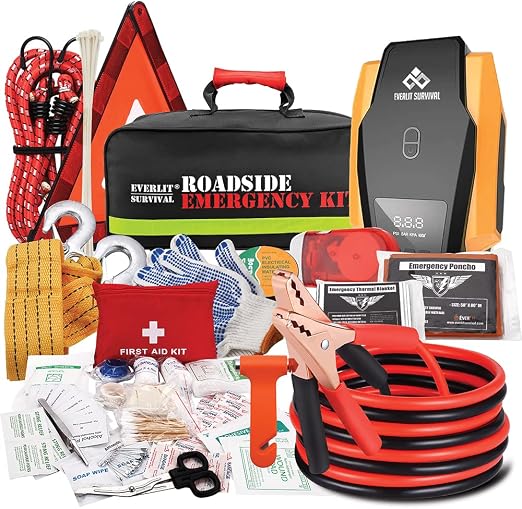 Everlit Survival Car Emergency Kit, Roadside Safety Tool Kit with Gloves,Digital Auto Air Compressor Tire Inflator, Firs
