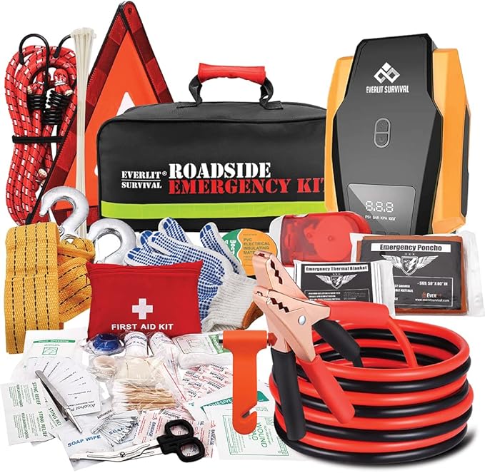 Everlit Survival Car Emergency Kit, Roadside Safety Tool Kit with Gloves,Digital Auto Air Compressor Tire Inflator, Firs
