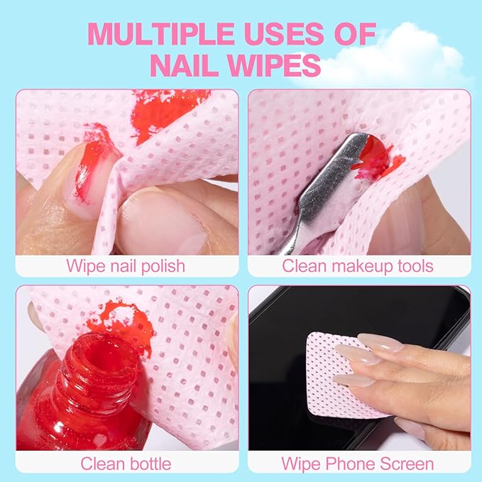 400PCS Lint Free Nail Wipes with Acetone Pump Dispenser, Pink Nail Polish Remover Pads with Dispenser, Eyelash Glue Cleaning Wipe with 180ML Alcohol&Acetone and Polish Remover Pump Bottle Kit