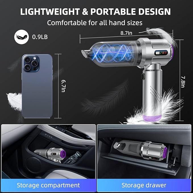 Cordless Vacuum Cleaner - 22000PA Handheld Car Vacuum, 4-in-1 Portable Mini Air Duster Rechargeable, 3-Speed Small Powerful Gadgets & Gifts, for Home, Office, Mattress, Carpet, Pet (Silver)
