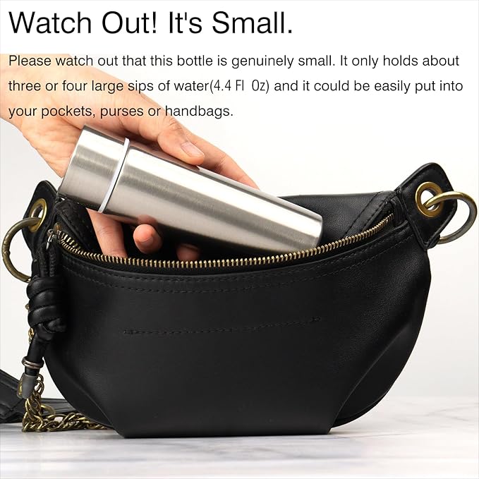 Cute Small Water Bottle, 4.4 Fl. Oz, Pack of 2, Mini Slim Flask for Kids, Portable Skinny Purse Water Bottle, Vacuum Insulated Reusable Leak Proof Stainless Steel Cup