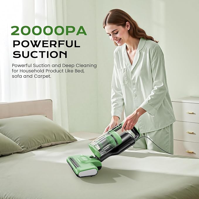 MYUAKO Mattress Vacuum Cleaner with UV-C Light & 140°F Constant Heat, 20Kpa Powerful Suction Bed Vacuum for Pet Hair, Dander Baby Crib, Dual-Cup System with Extra HEPA Filter, Lightweight&16ft Cord