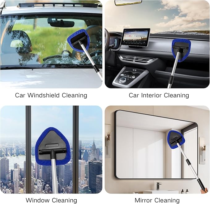 Qydipclin 11pcs Windshield Cleaner Tool, Car Window Cleaning Wash Kit with 6 Reusable Microfiber Pads 2 Spray Bottles and Extendable Handles Auto Glass Wiper Kit, Blue