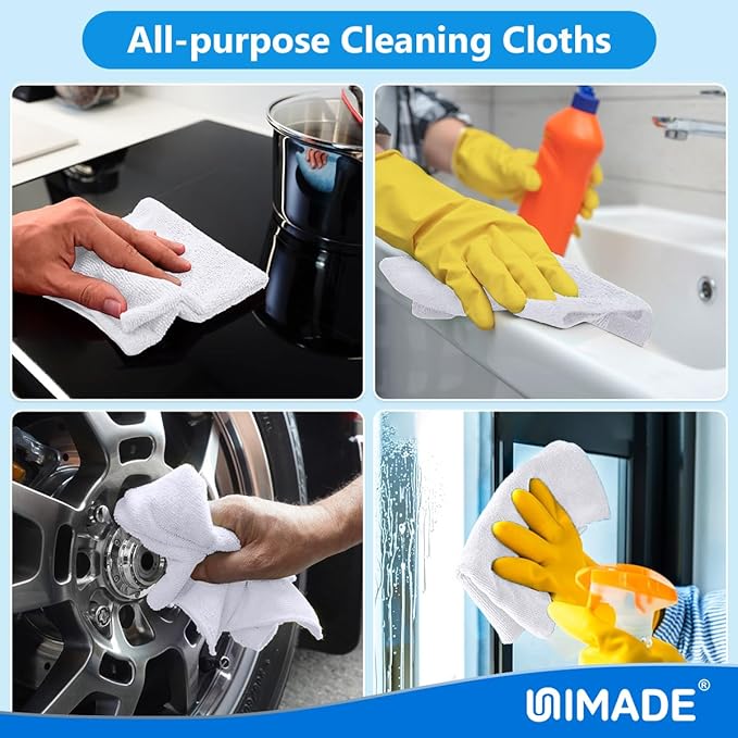 UNIMADE Microfiber Cleaning Cloth, 20 Pack Reusable Microfiber Towels for Cars Lint Free Cleaning Shop Towel Rags for Home Kitchen Automotive Bar Mechanic Restaurant Garage, 11.5"x 11.5", White