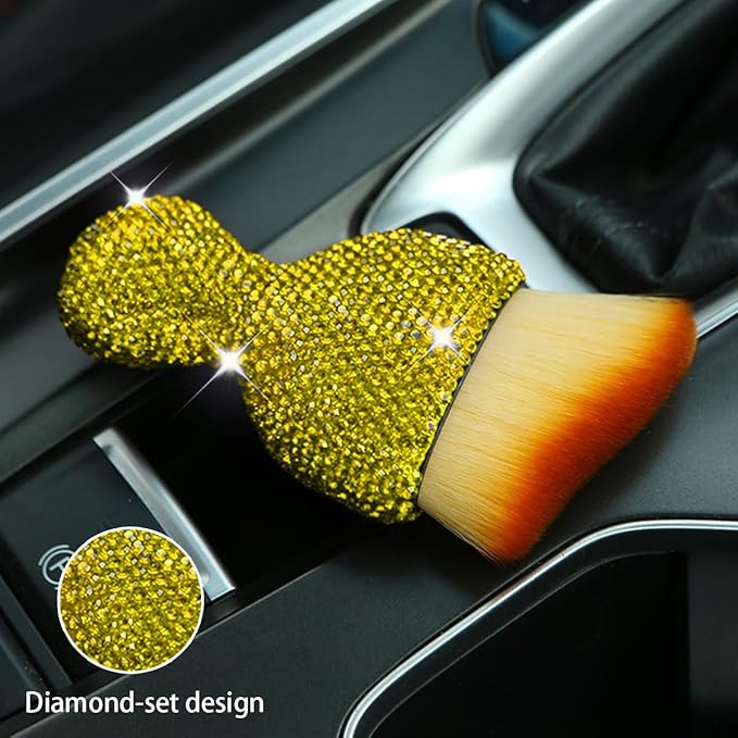 zipelo Auto Interior Dust Brush, Car Detailing Cleaning Brush with Diamond, Bling Handle Soft Bristles Dusting Tool, Scratch Free Dirt Clean Brushes for Vehicle Air Conditioner Vent (Yellow)