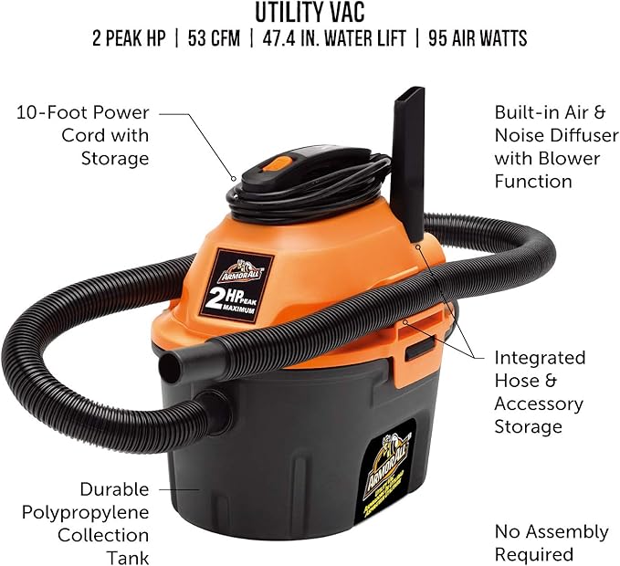 Armor All, AA255, 2.5 Gallon 2 Peak HP Wet/Dry Utility Shop Vacuum, Orange
